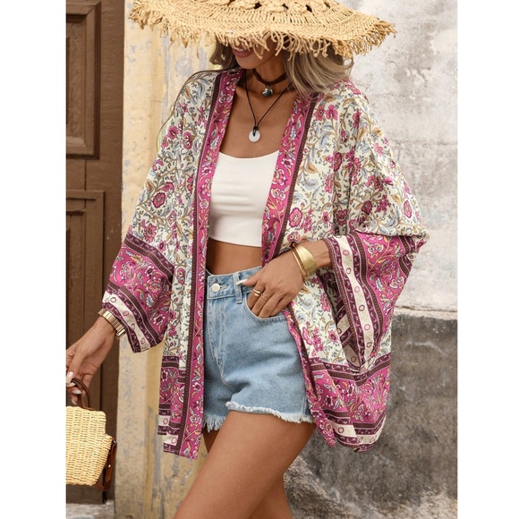 Floral Boho Kimono Style Open Coverup Batwing Sleeve - Picture 1 of 14
